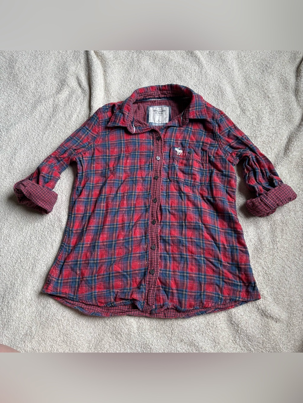 Abercrombie & Fitch Red Blue Shimmer Plaid Flannel Shirt M